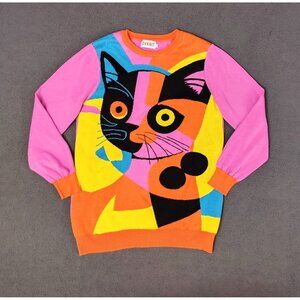 NWOT Oxknit Womens Psychedelic Cat Sweater Sz (L) Colorful Mod Long Sleeve Retro